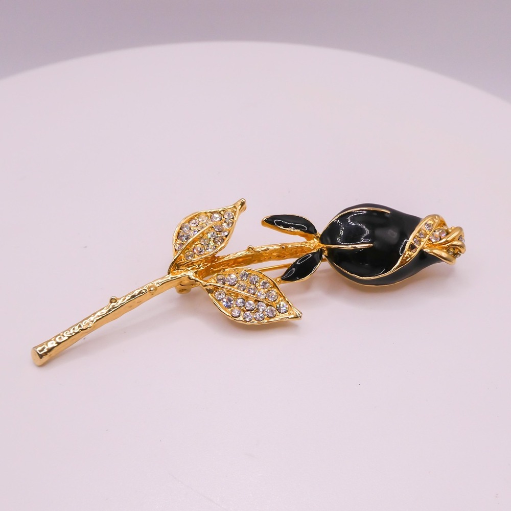 Gold Rose Flower Black Enamel Rhinestone 3.4" Brooch Pin Large Mens Women's Vtg